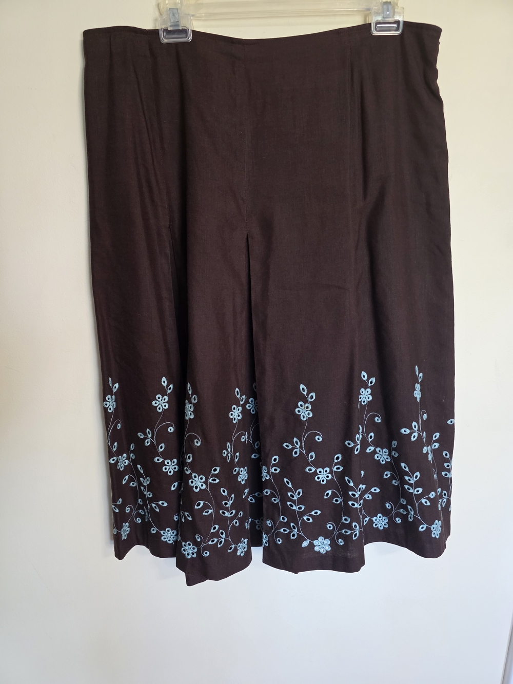 Women’s Brown Embroidered Floral Midi Skirt - Blue Accent